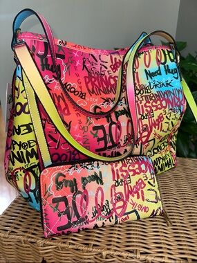 Vibrant Multicolor Graffiti Shoulder Bag with Rainbow Strap with wallet NWT